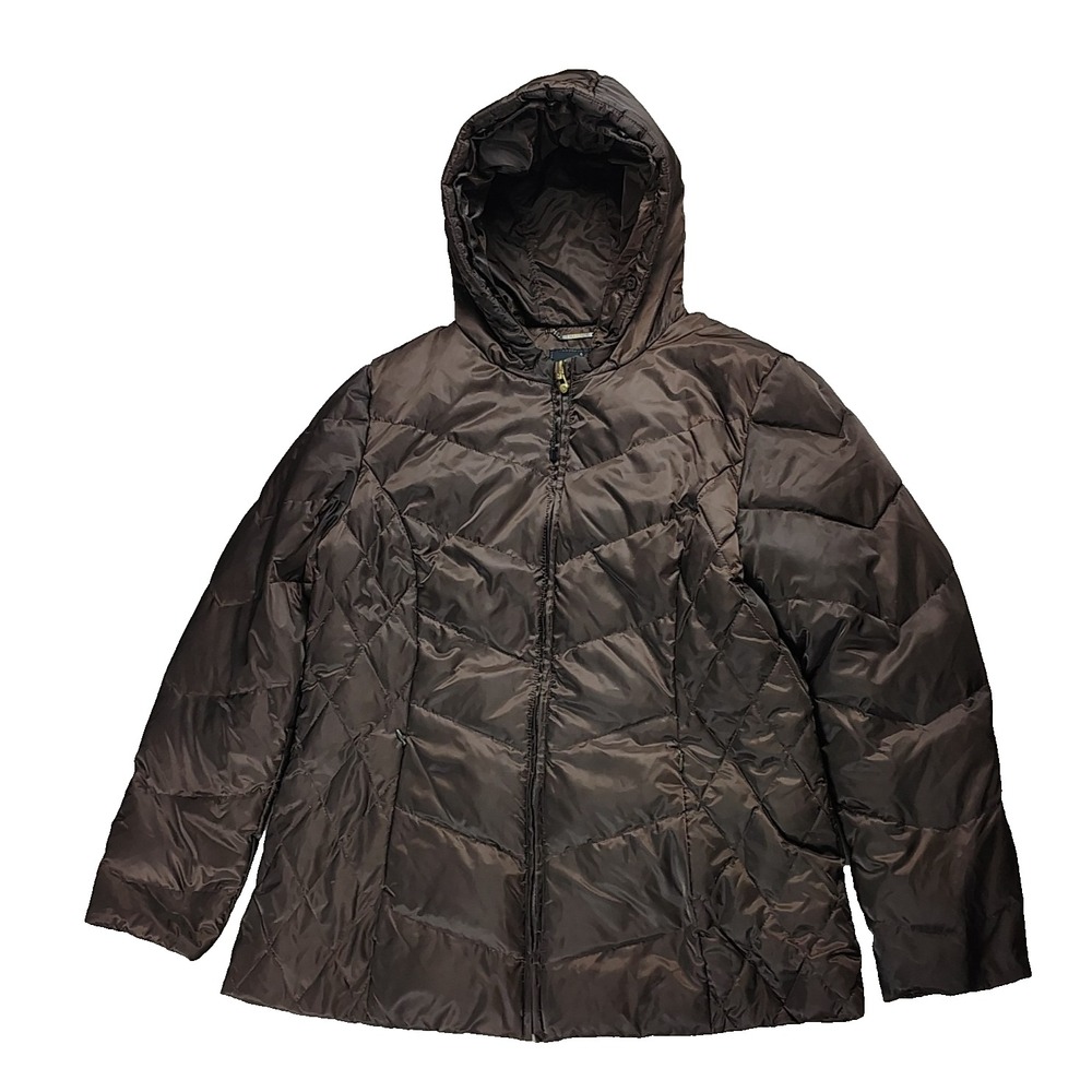 1 Madison Luxe Women's Hooded Full Zip Down Puffer Coat Brown Size XL NO FUR